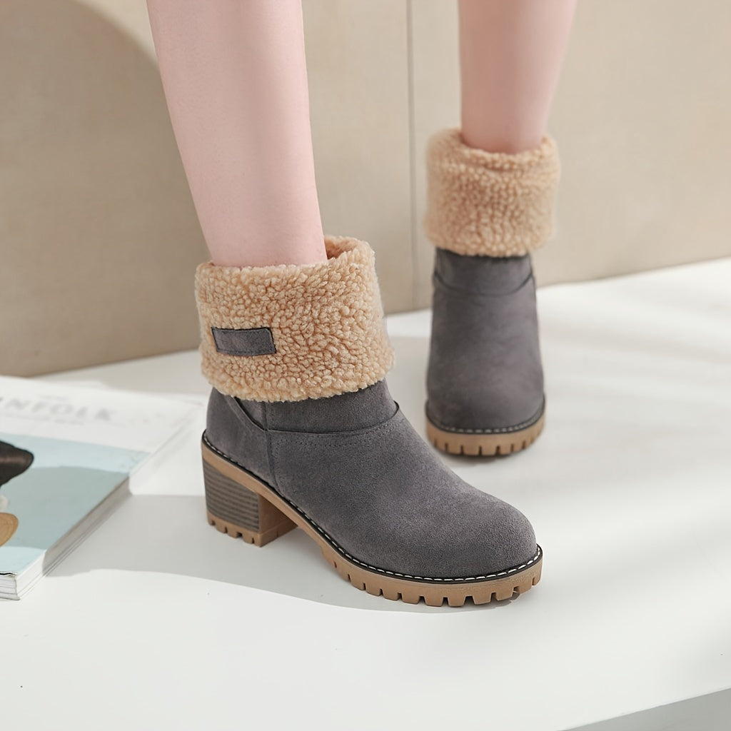 [Faux Fur Lined Boots] Warm Faux Fur Lined Women's Boots - Slip On Block Heeled Ankle Boots - Women's Footwear