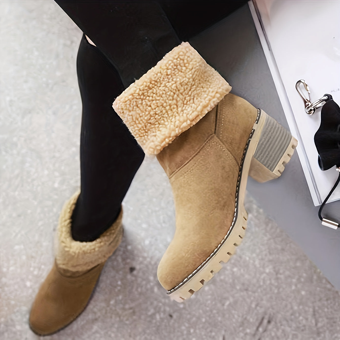 [Faux Fur Lined Boots] Warm Faux Fur Lined Women's Boots - Slip On Block Heeled Ankle Boots - Women's Footwear