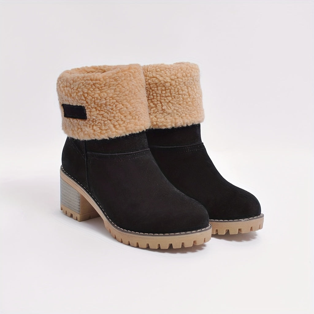 [Faux Fur Lined Boots] Warm Faux Fur Lined Women's Boots - Slip On Block Heeled Ankle Boots - Women's Footwear